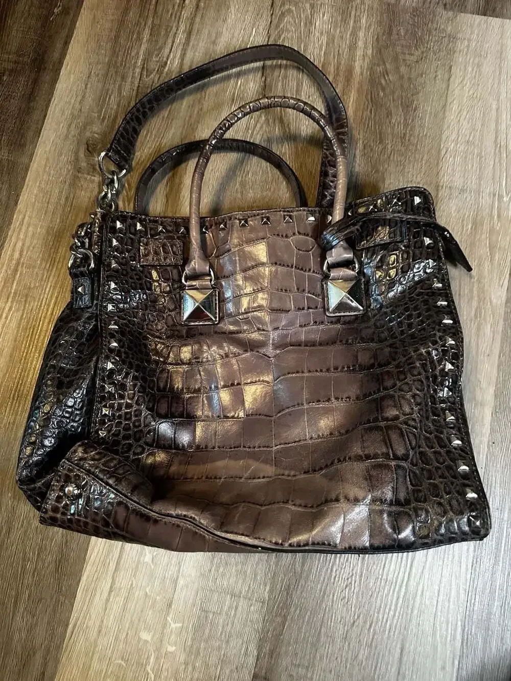 Michael Kors Hamilton Tote Bag in Grey Crocodile Embossed Leather with Studs